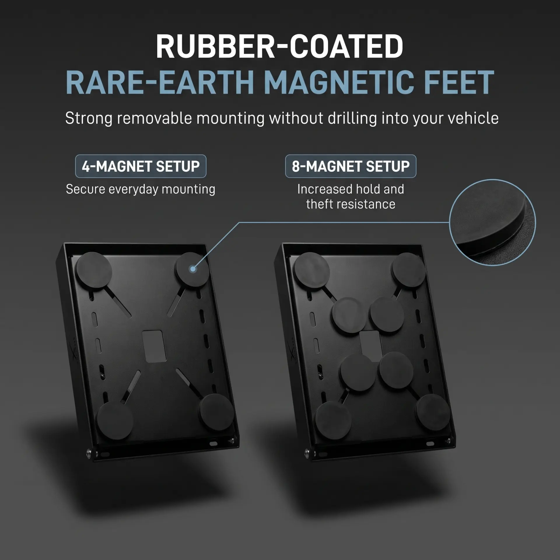 Rubber-coated rare-earth magnetic feet on the base of the Power Hub: a four-magnet setup for secure everyday mounting and an eight-magnet setup for increased hold and theft resistance
