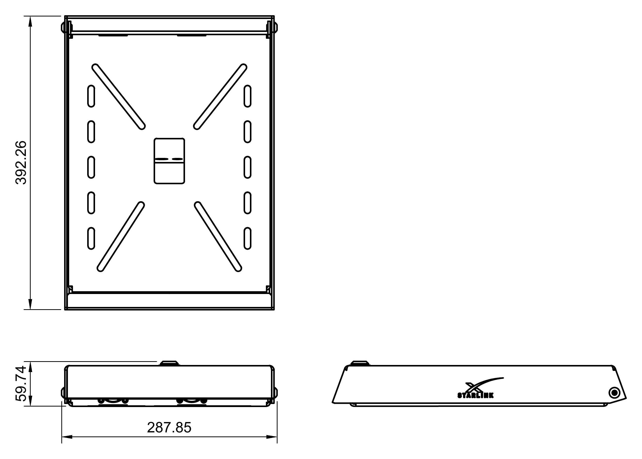 Dimensioned engineering drawing of the Fan-Cooled Rooftop Power Hub: plan view 393mm long by 288mm wide, side elevation 60mm high