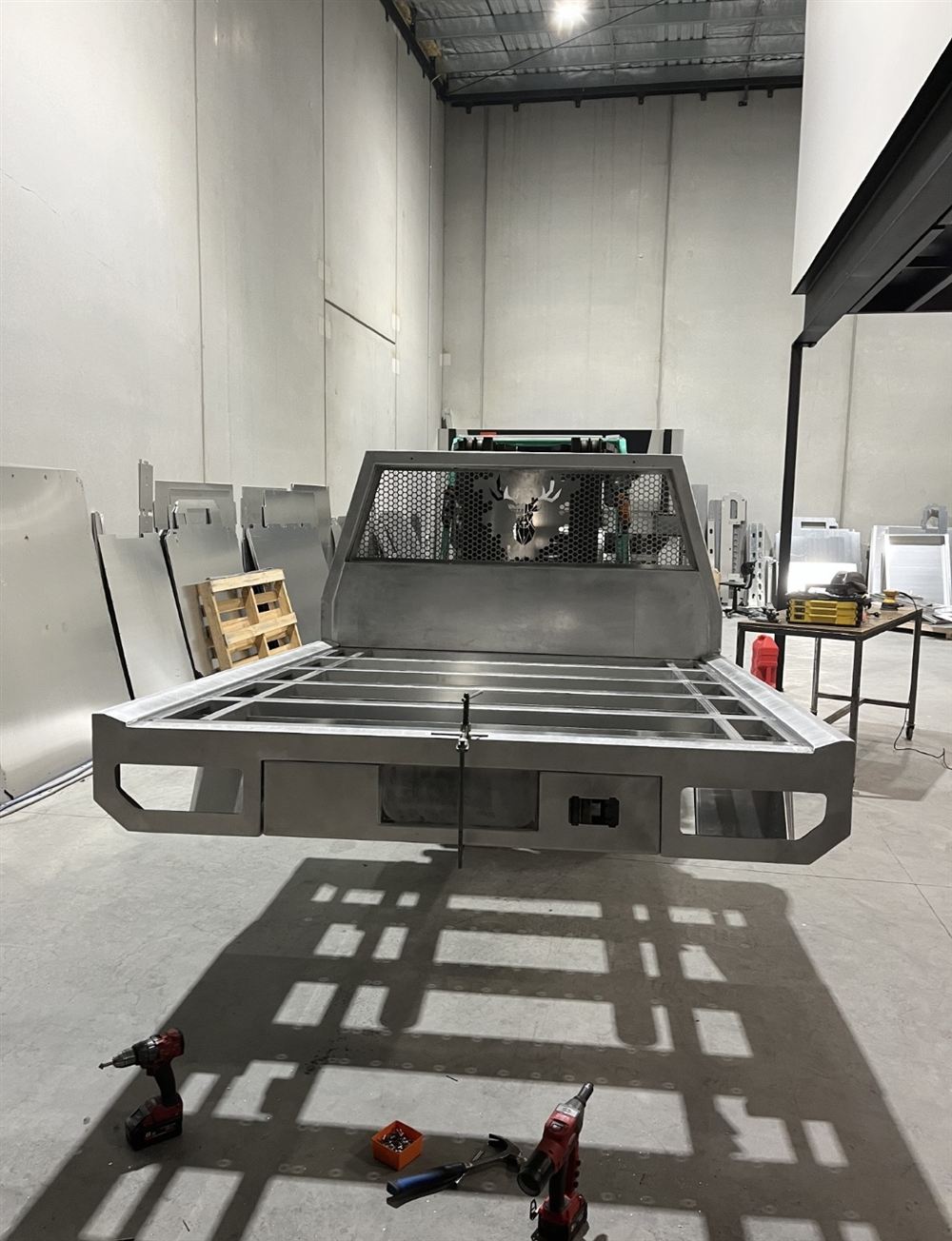 An aluminium ute tray being assembled in the Kettle Customs workshop in Somerville